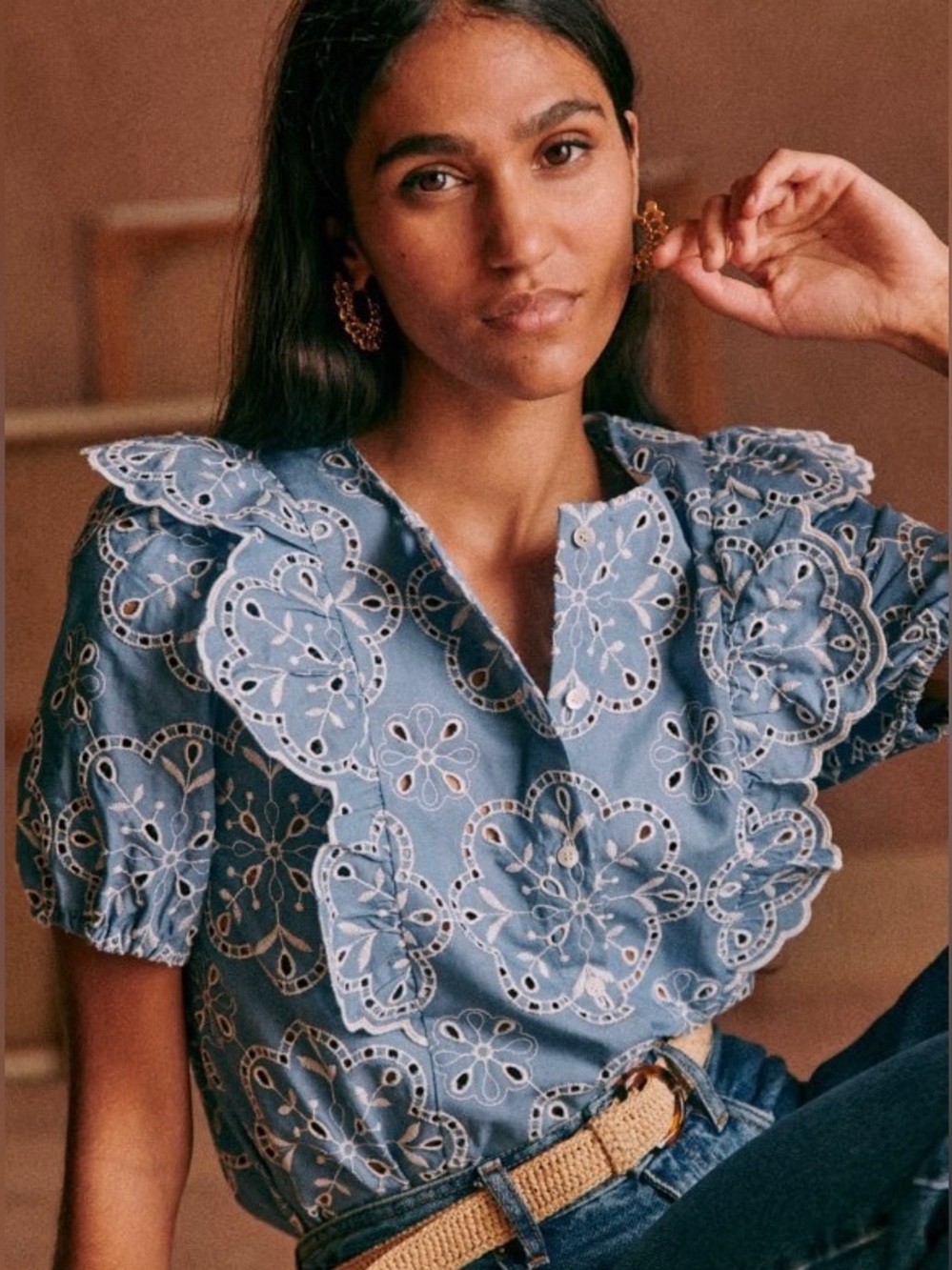 Sézane Jordanna Blouse in Blue Eyelet Denim FR 38 / US 6